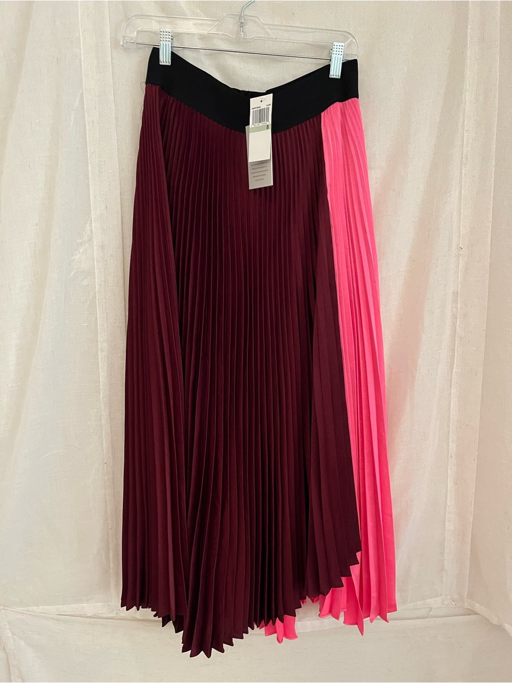 A.L.C. Two-Tone Pleated Midi Skirt in Burgundy, Hot Pink and Black